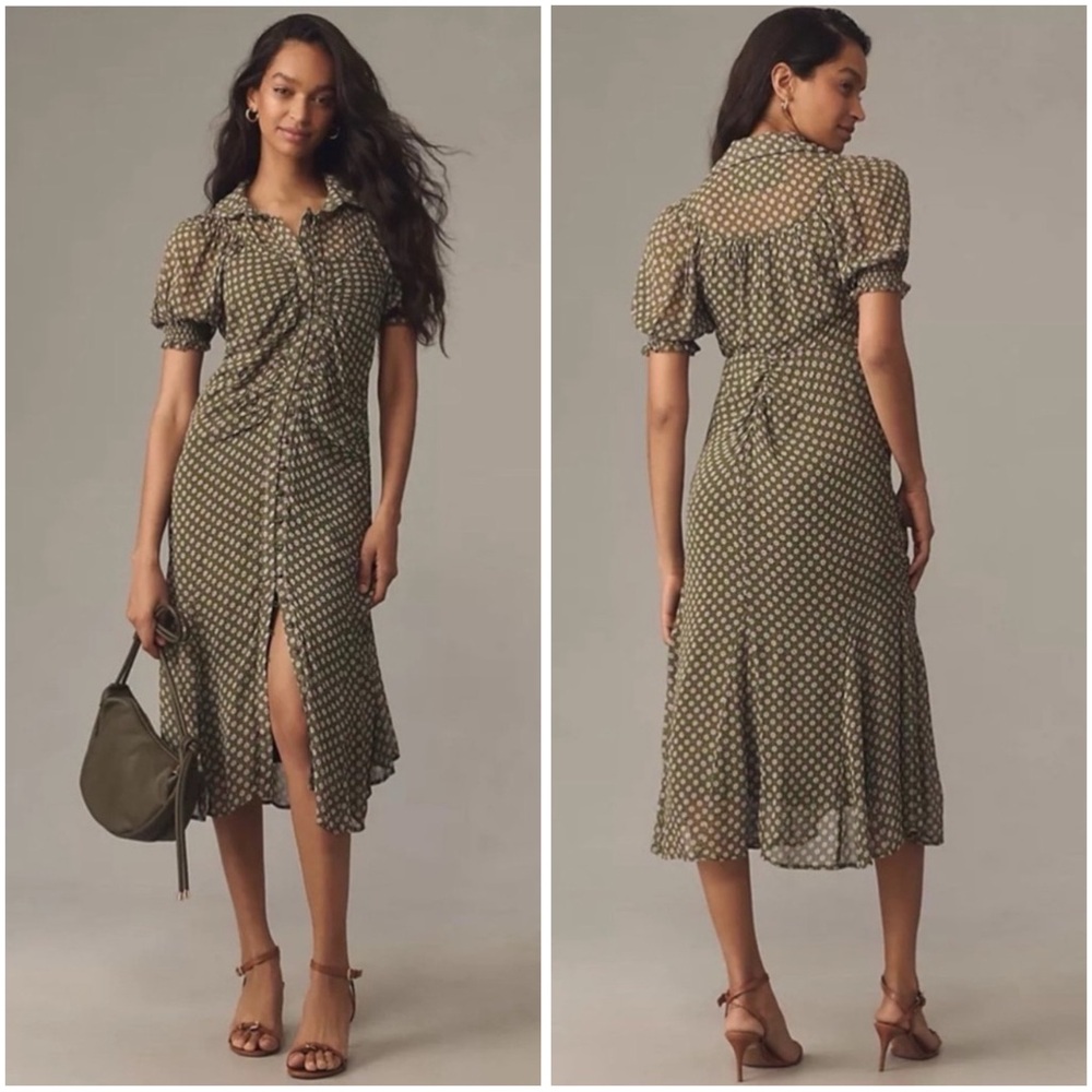 NWT Anthropologie Floral Button Down Ruched Mesh Midi Shirt Dress 10 Cottagecore